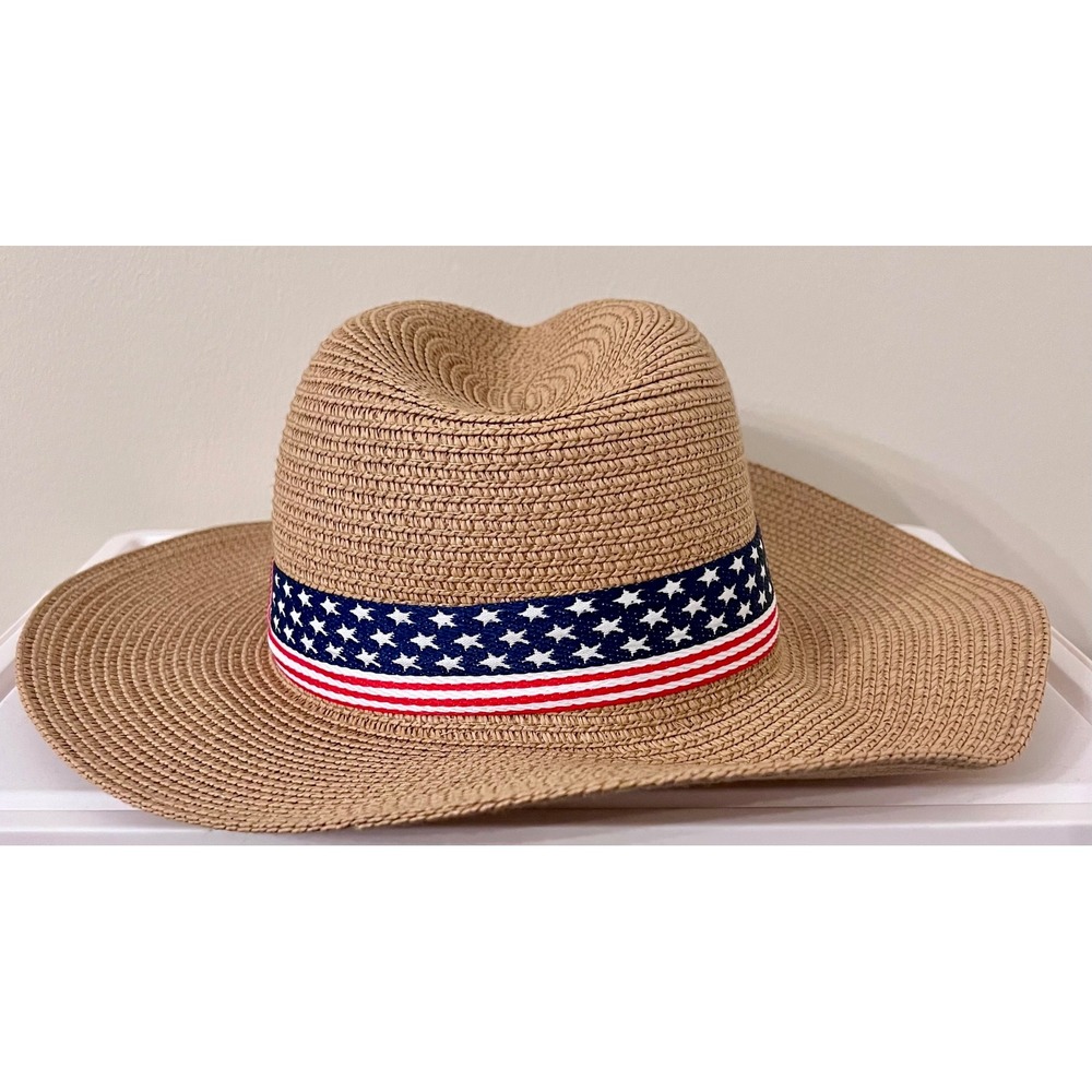 New Patriotic American Flag Straw Sun Hat Wide Brim Fedora Tan Paper Straw